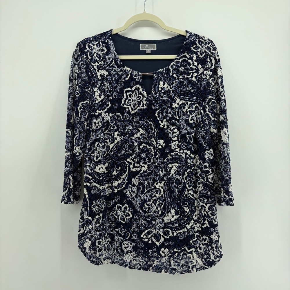 JM Collection Womens 2X Navy Blue Paisley Lace Blouse Keyhole 3/4 Sleeve Top